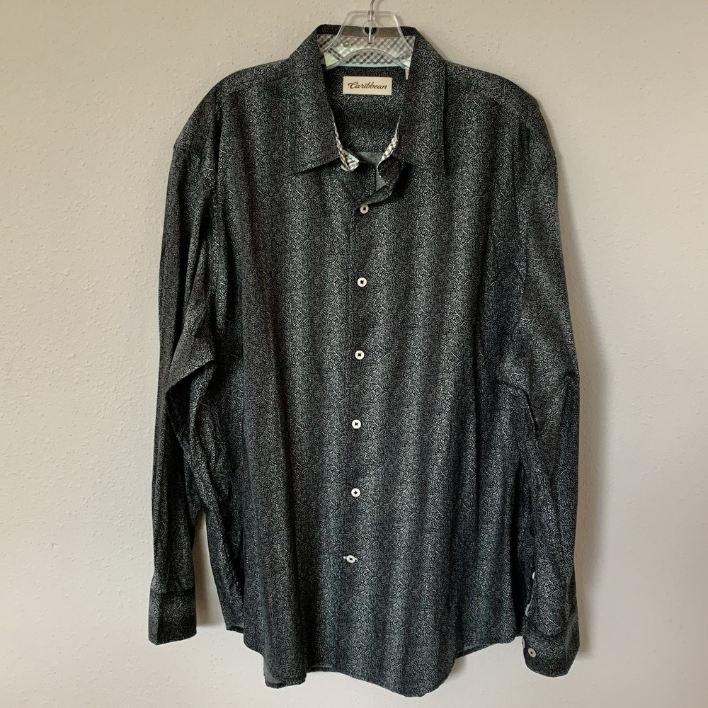 Caribbean Men's Button Up Long Sleeve Shirt Gray Paisley Stripe Cotton XL - Picture 2 of 8